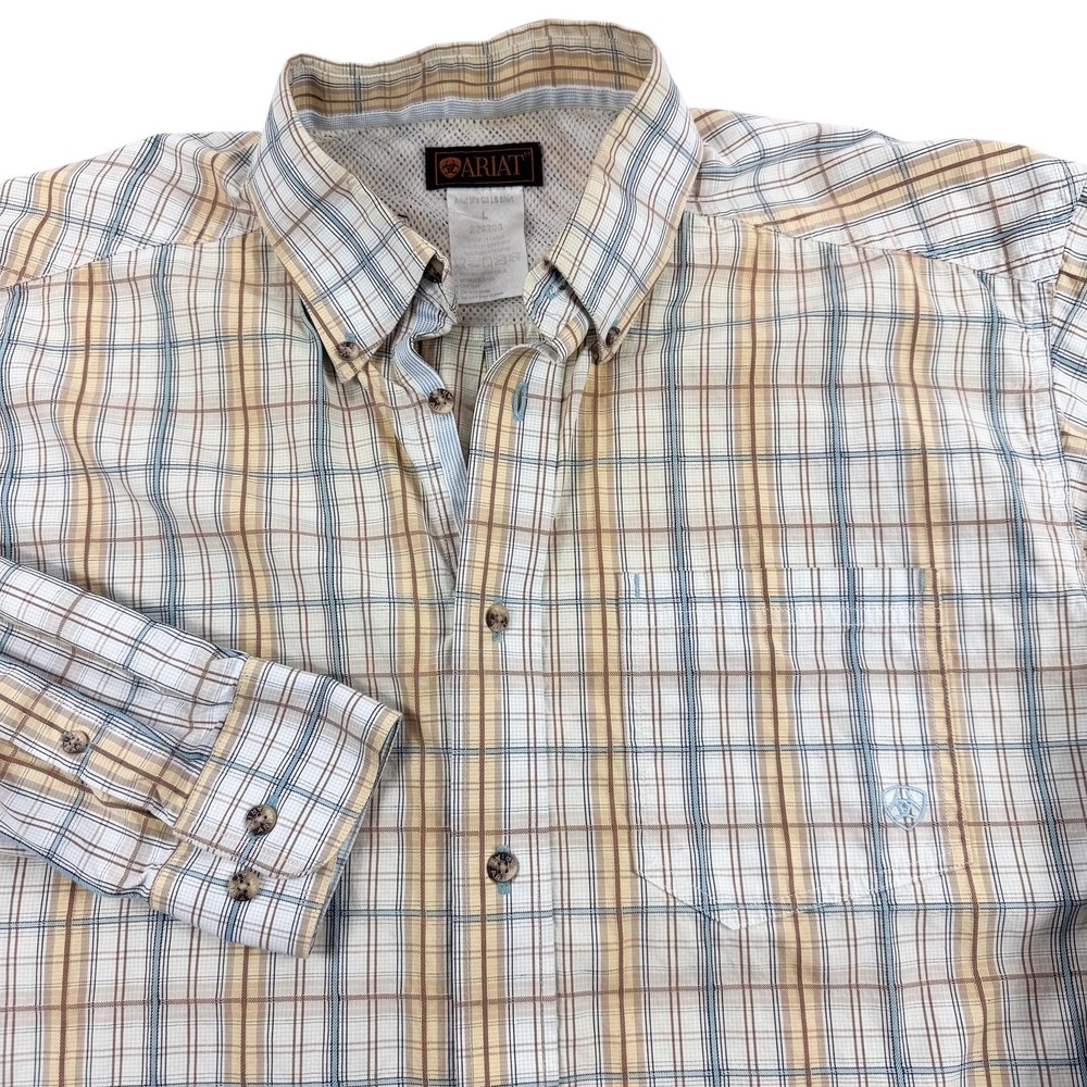 Ariat Shirt Mens Large Beige Blue Plaid Cowboy Rodeo Western Outdoor Workwear